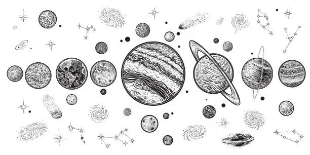 Vector illustration of Planets and space hand drawn vector illustration. Solar system with satellites.