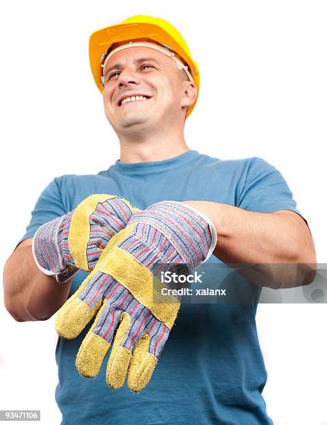 Photo libre de droit de Col Bleu Mettre Des Gants De Protection En Cuir banque d'images et plus d'images libres de droit de Casque - Casque, Fond blanc, Hommes