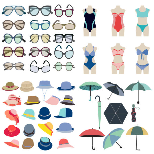 Collection icon of summer fashion accessories in flat style vector art illustration