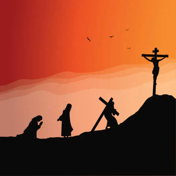 Vector illustration of Jesus praying and joueney to Calvary