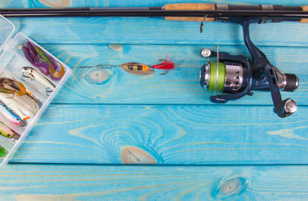 istock Fishing equipment. Spinning method. A place for an inscription. 934717824