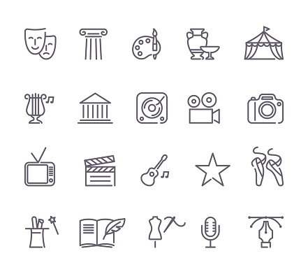 Outlined arts and entertainment icon set in a white background