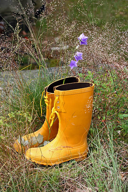 istock Yellow rubber boots in the meadow with blue bell. 93472311