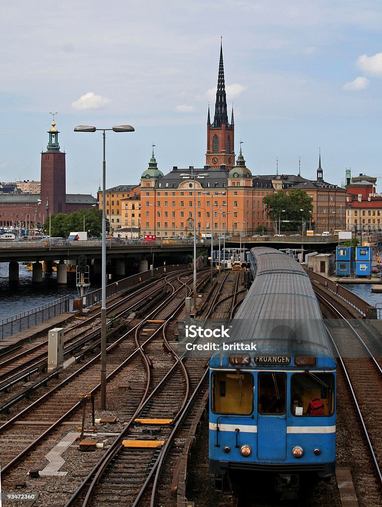 Subway train with Stockholm old city in the background  Approaching Stock Photo