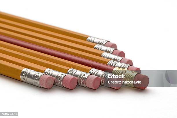 Yellow Pencils With A Different Red Pencil Stock Photo - Download Image Now - Arrangement, Bunch, Close-up