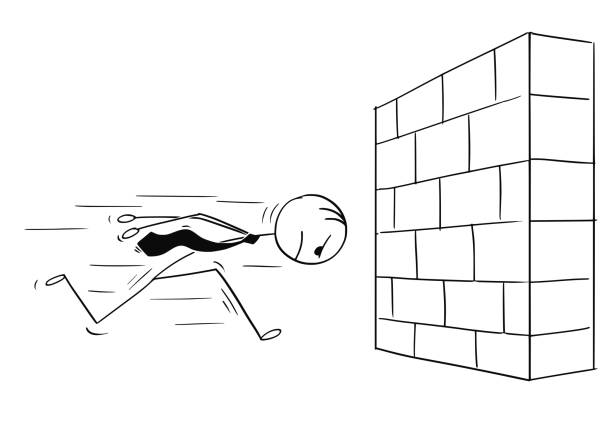 Cartoon of Headstrong Businessman Running Head First Against Wall Cartoon stick man drawing conceptual illustration of headstrong businessman running against brick wall head first. Business concept of confidence and motivation. bangs hair stock illustrations