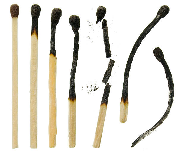 A close-up of six variously used matches stock photo