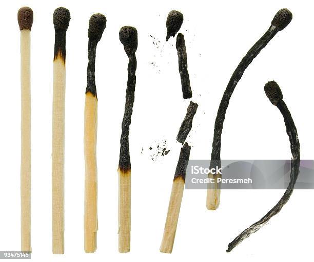 A Closeup Of Six Variously Used Matches Stock Photo - Download Image Now - Match - Lighting Equipment, Burnt, Cut Out