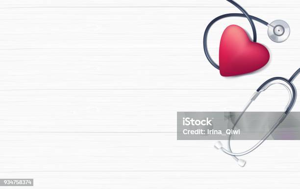 Pink Heart And Stethoscope On White Wooden Background Stock Illustration - Download Image Now