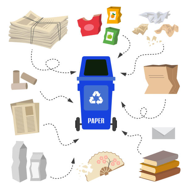Container with paper trash on white background. Container with paper trash on white background. Ecology and recycle concept. Vector Illustration. paper recycle stock illustrations