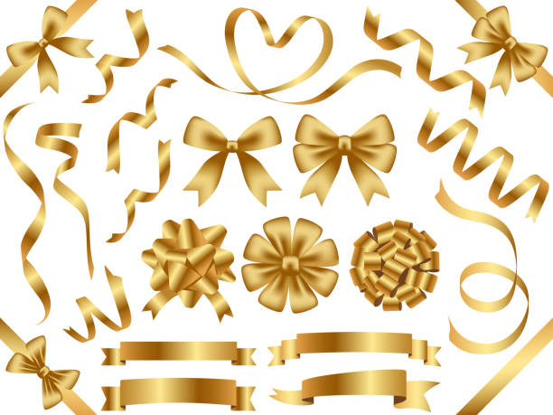 ilustrações, clipart, desenhos animados e ícones de um conjunto de fitas de ouro sortidas. - christmas bow gold gift