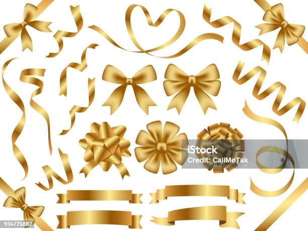 A Set Of Assorted Gold Ribbons Stock Illustration - Download Image Now - Ribbon - Sewing Item, Tied Bow, Gold - Metal