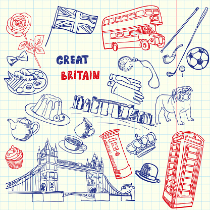 Great Britain associated symbols. English national, cultural, culinary, sportive, historical, architectural, animal, fashion related doodles drawn on squared paper vector set. Sketched with pen icons