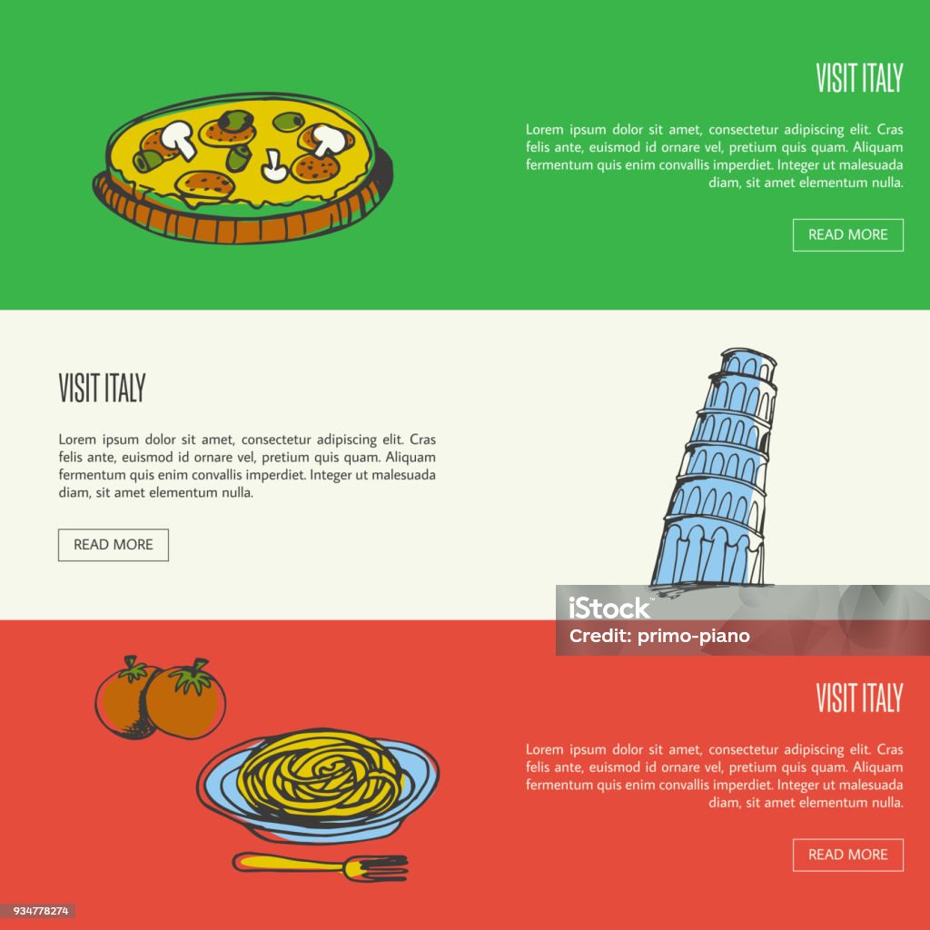 Visit Italy Touristic Vector Web Banners Visit Italy banners. Pizza with mushrooms, Pisa falling tower, pasta on plate with fork and tomatoes hand drawn vector illustrations on national colors backgrounds. For travel company web page design Architecture stock vector