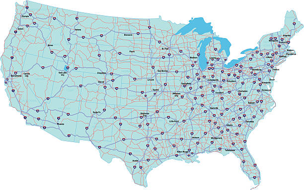 ilustraciones, imágenes clip art, dibujos animados e iconos de stock de usa la interestatal mapa - american interstate