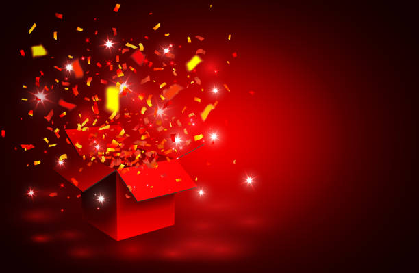 赤のギフト ボックスと紙吹雪を開きます。ベクトル図 - gift greeting card birthday card red点のイラスト素材／クリップアート素材／マンガ素材／アイコン素材