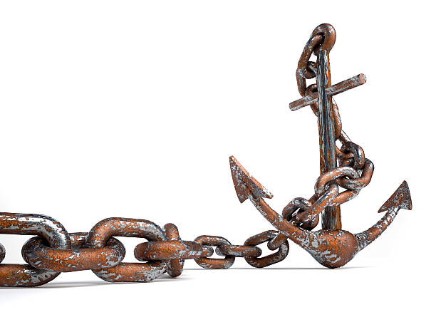 an old rusty iron anchor isolated on a white background - demir zincir stok fotoğraflar ve resimler