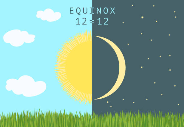 Time of spring equinox. Time of spring equinox occurs around 20 March. Day equals night. Holiday Nowruz or Persian New year. Half Sun and half Moon over wheat germs. first day of spring stock illustrations