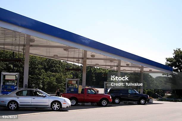 Three Cars Filling Up At A Petrol Station Stock Photo - Download Image Now - Gas Station, Car, Pick-up Truck