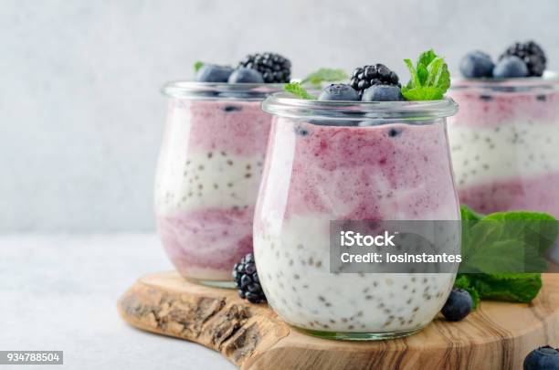 Acai Berry And Chia Seed Pudding Stock Photo - Download Image Now - Yogurt, Smoothie, Bowl