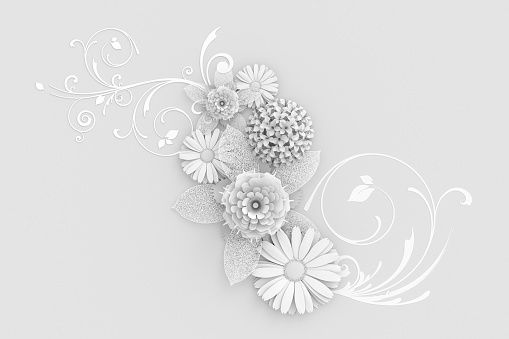 White paper flower cut on white background. 3d illustration