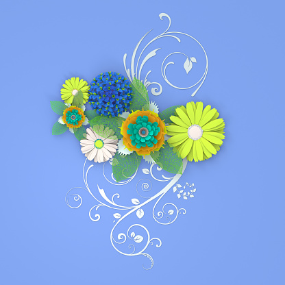 Paper cut flower greeting card. 3d illustration