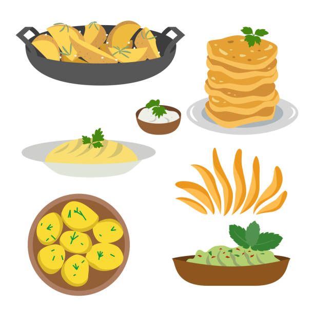 иконописный набор блюд из картофеля на белом фоне. - nachos yellow white spice stock illustrations