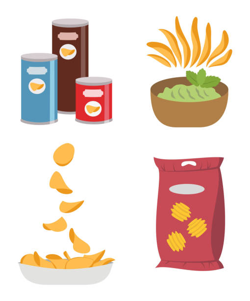 ilustraciones, imágenes clip art, dibujos animados e iconos de stock de icono de conjunto de chips de patata sobre fondo blanco. - guacamole restaurant mexican cuisine avocado