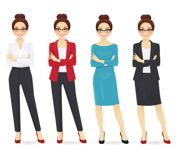 Business woman set Business woman formal clothes set vector illustration red spectacles stock illustrations