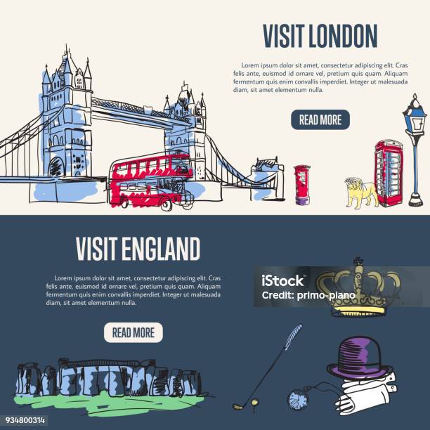 Visiting England And London Touristic Web Banners Stock Illustration - Download Image Now - London - England, Drawing - Activity, UK