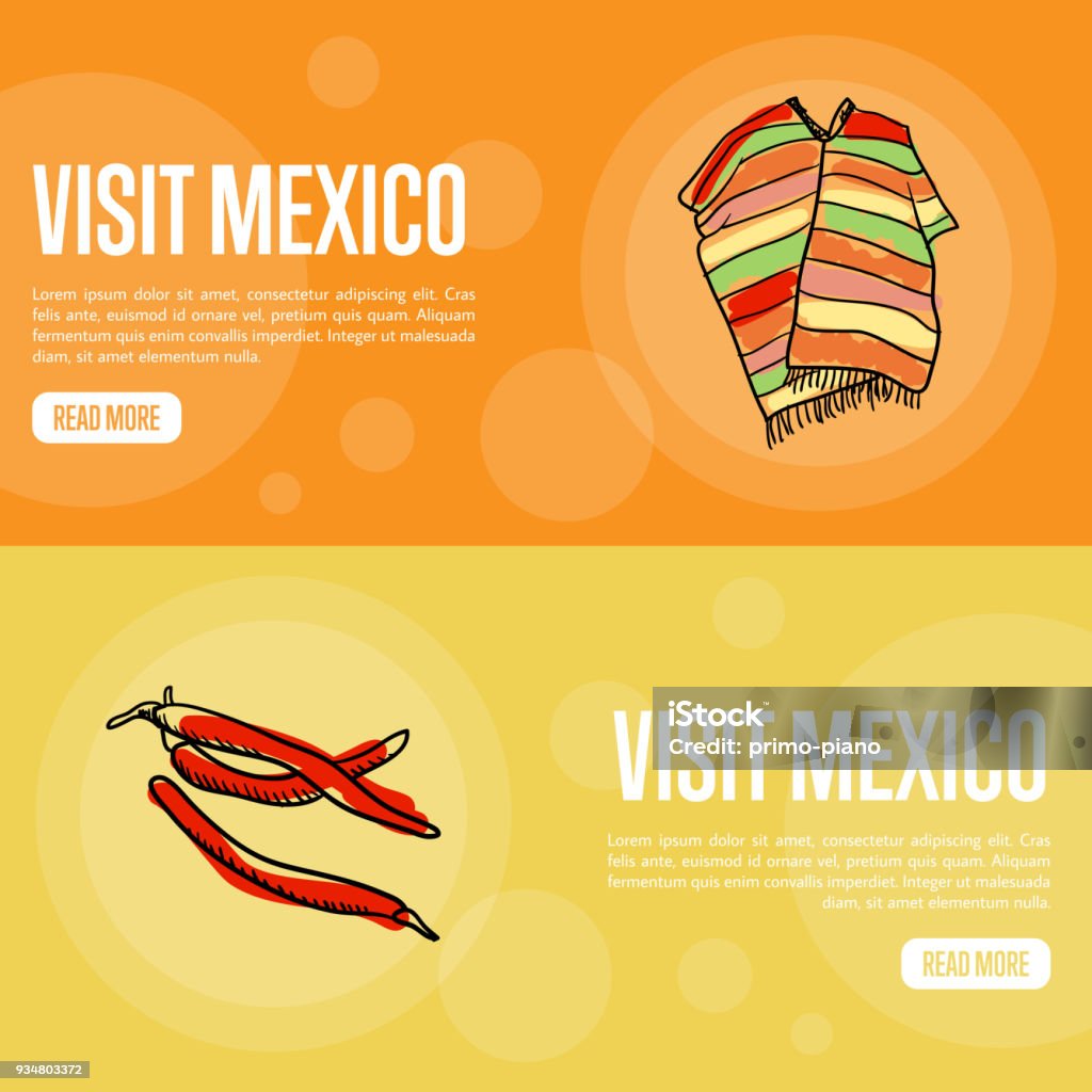 Visit Mexico Touristic Vector Web Banners Visit Mexico banners. Bright poncho, red chilli peppers hand drawn vector illustrations on national colors backgrounds. Web templates with country related symbols. For travel company web page design Banner - Sign stock vector