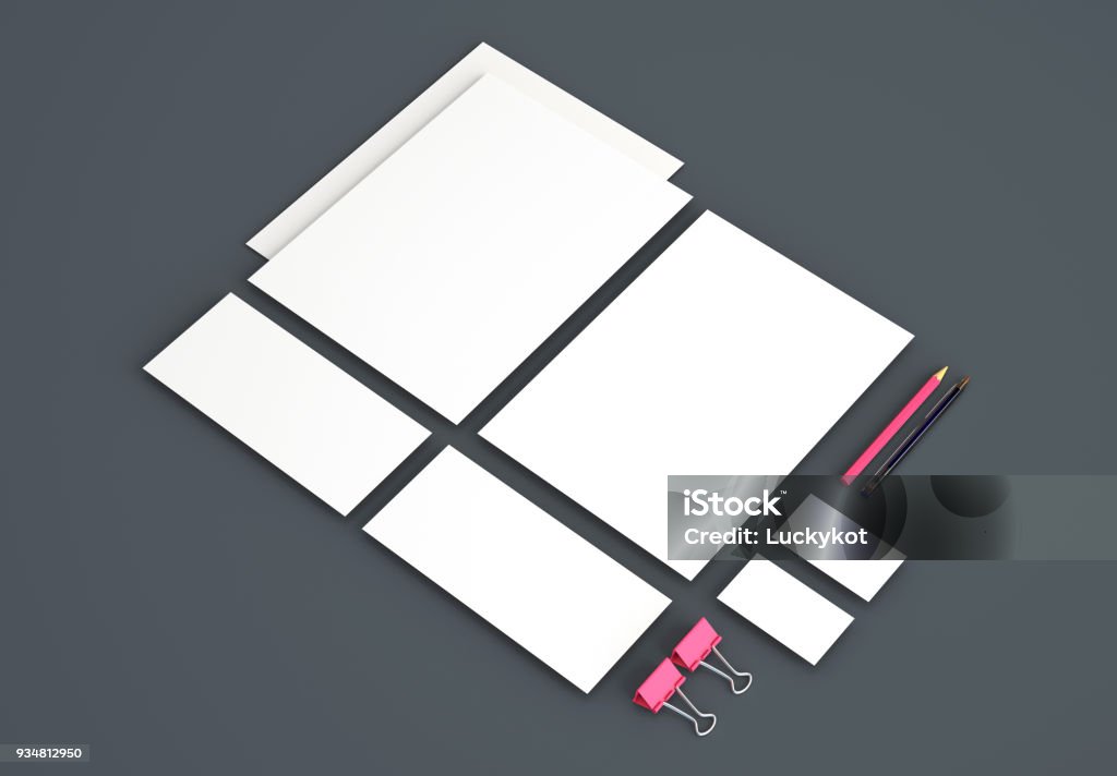 Realistische Briefpapierset Mockups. Briefkopf, Visitenkarte, Briefumschlag, Präsentationsmappe. 3D Render. - Lizenzfrei Abstrakt Stock-Illustration