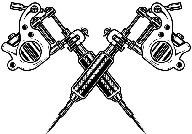 Vector illustration of Crossed tattoo machines isolated on  white background. Design element for poster, emblem, sign, badge.