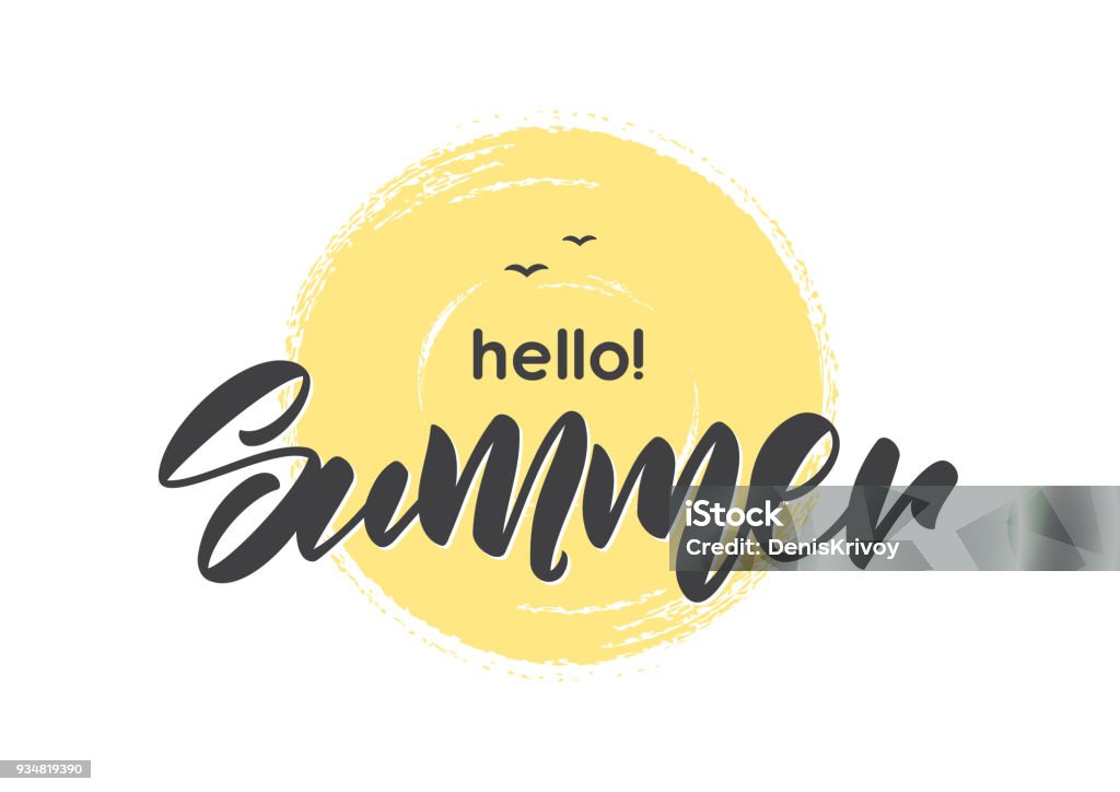 Handwritten type lettering of Hello Summer on hand drawn brush textured sun Vector illustration: Handwritten type lettering of Hello Summer on hand drawn brush textured sun Summer stock vector