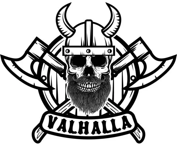 Vector illustration of Skull in horned viking helmet. Design element for poster, emblem, t shirt.