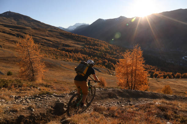 istock Young man mountain bikes down trail towards mountains and sun. 934821998