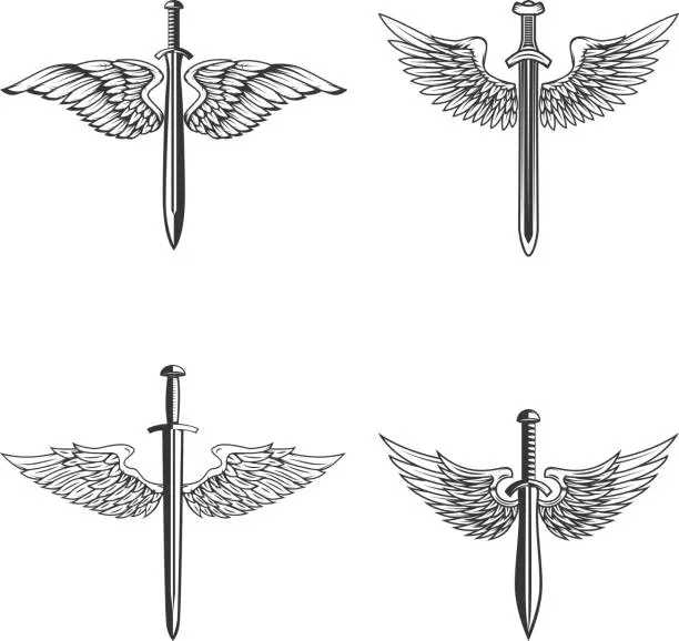 Vector illustration of Set of emblems with medieval sword and wings. Design element for  label, emblem, sign.