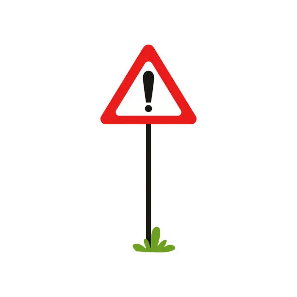 Vector illustration of Triangular road sign with exclamation mark. Warning traffic sign indicates hazard ahead. Possible danger. Flat vector design for educational mobile app or book