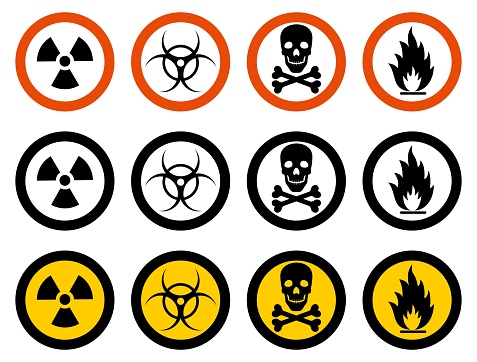 Dangerous concept. Set of different signs of chemical, radioactive, toxic, poisonous, hazardous substances. Vector illustration.