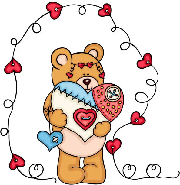 Vector illustration of Teddy bear holding a handmade heart