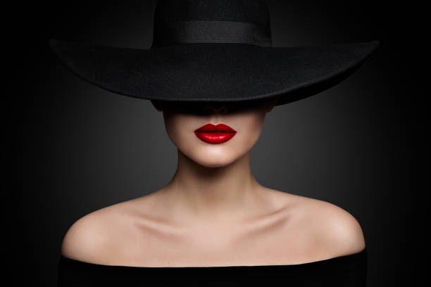 Woman Hat Lips and Shoulder, Elegant Fashion Model in Black Wide Broad Brim Hat, Retro Lady Beauty Portrait Woman Hat Lips and Shoulder, Elegant Fashion Model in Black Wide Broad Brim Hat, Retro Lady Beauty Studio Portrait huge black woman pictures stock pictures, royalty-free photos & images