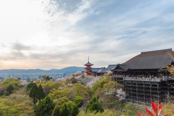 le persone si godono la stagione primaverile al tempio kiyomizu dera con sakura (fiore di ciliegio). - shinto japan temple nature foto e immagini stock