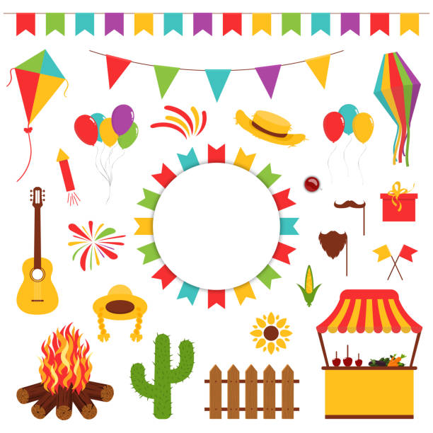 Festa Junina festival decorative elements. Carnival flags with lantern, firework and flying kite Festa Junina festival decorative elements. Carnival flags with lantern, firework and flying kite, cactus, guitar and straw hat. Carnival banner for decoration. Vector festa junina stock illustrations