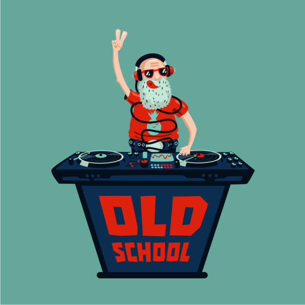 ilustrações, clipart, desenhos animados e ícones de festa retrô da velha escola. dj adulto sênior com vinil. - club suit