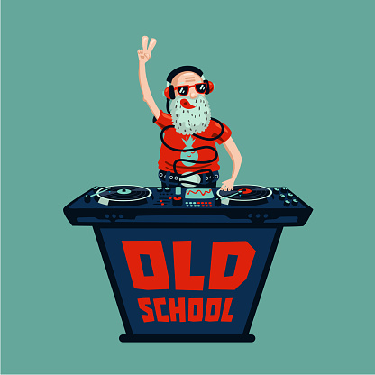 Senior adult dj is playing music.Old school retro party. Hip-hop poster.