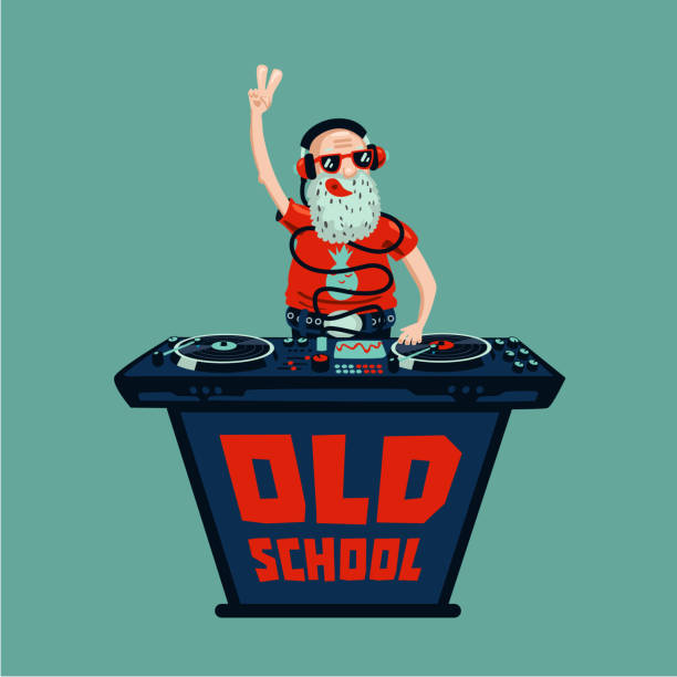 Old school retro party. Senior adult dj with vinyl. Senior adult dj is playing music.Old school retro party. Hip-hop poster. clubs playing card illustrations stock illustrations