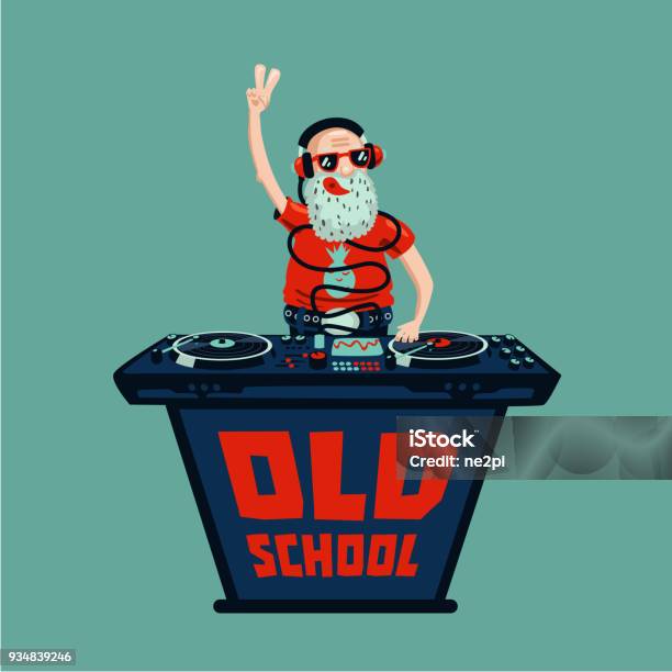 Old School Retro Party Senior Adult Dj With Vinyl Stock Illustration - Download Image Now