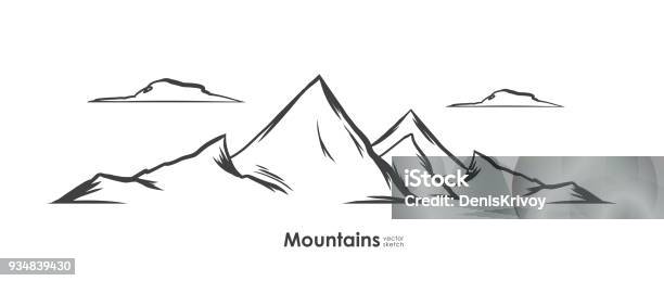 Hand Drawn Mountains Sketch Background Line Design Emblem Template Stock Illustration - Download Image Now