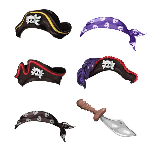 Vector illustration of Cartoon pirate hats, scarves with skulls and a knife