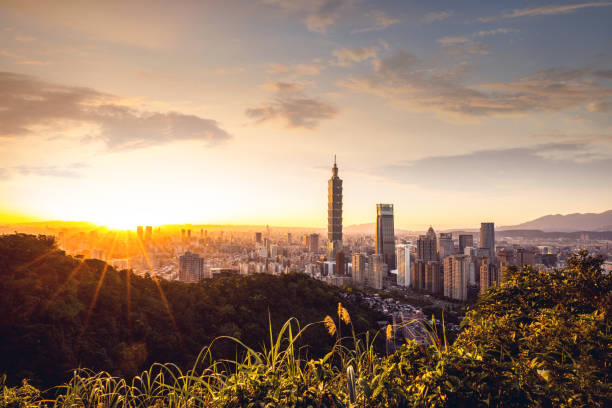 taipei - horizonte de centro da zona financeira de taiwan à noite visto da trilha de montanha de elefante - taipei built structure taiwan urban scene - fotografias e filmes do acervo